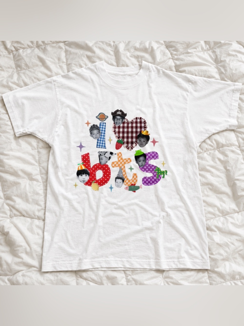 White BTS Graphic Tee with Multicolor Playful Lettering Gift For Army